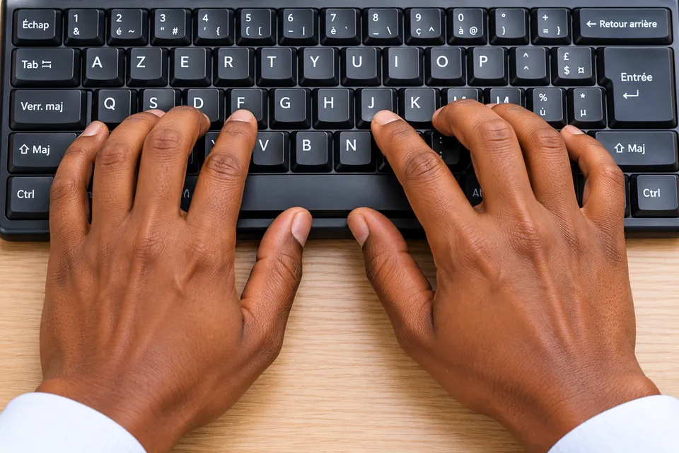 Deux mains posées sur un clavier AZERTY : les doigts de la main gauche sur Q S D F, ceux de la main droite sur J K L M, les pouces sur la barre d'espace