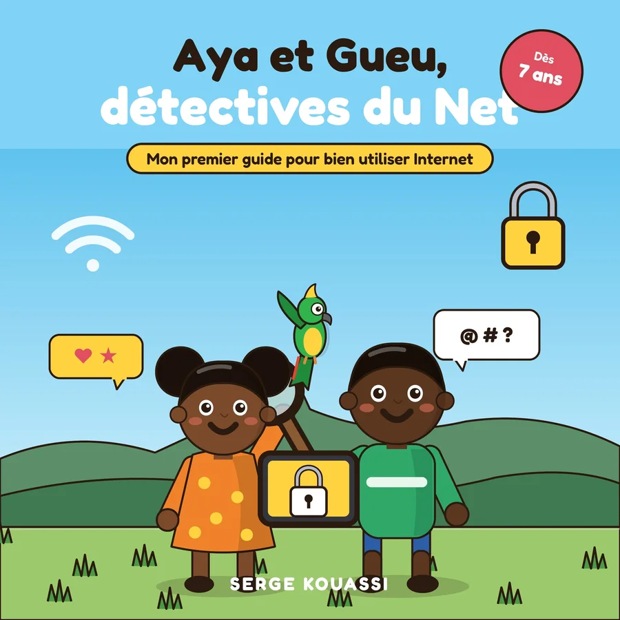 Couverture du livre Aya et Gueu, détectives du Net : Aya et Gueu devant les collines, avec Bouclier le perroquet