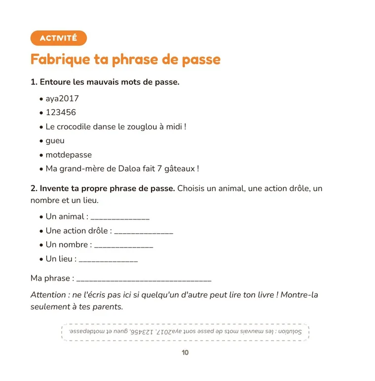 Page d'activité : fabrique ta phrase de passe