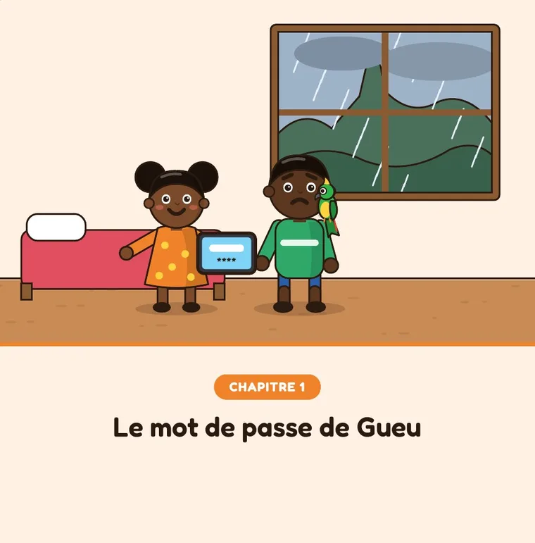 Page d'ouverture du chapitre 1, Le mot de passe de Gueu : Aya devine le mot de passe de la tablette de Gueu