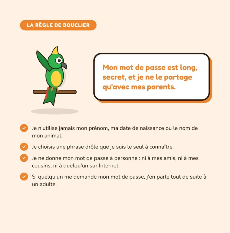 Page de la règle de Bouclier : mon mot de passe est long, secret, et je ne le partage qu'avec mes parents