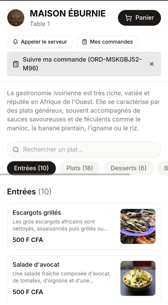 Le menu de MAISON ÉBURNIE vu par un client après avoir scanné le QR de sa table